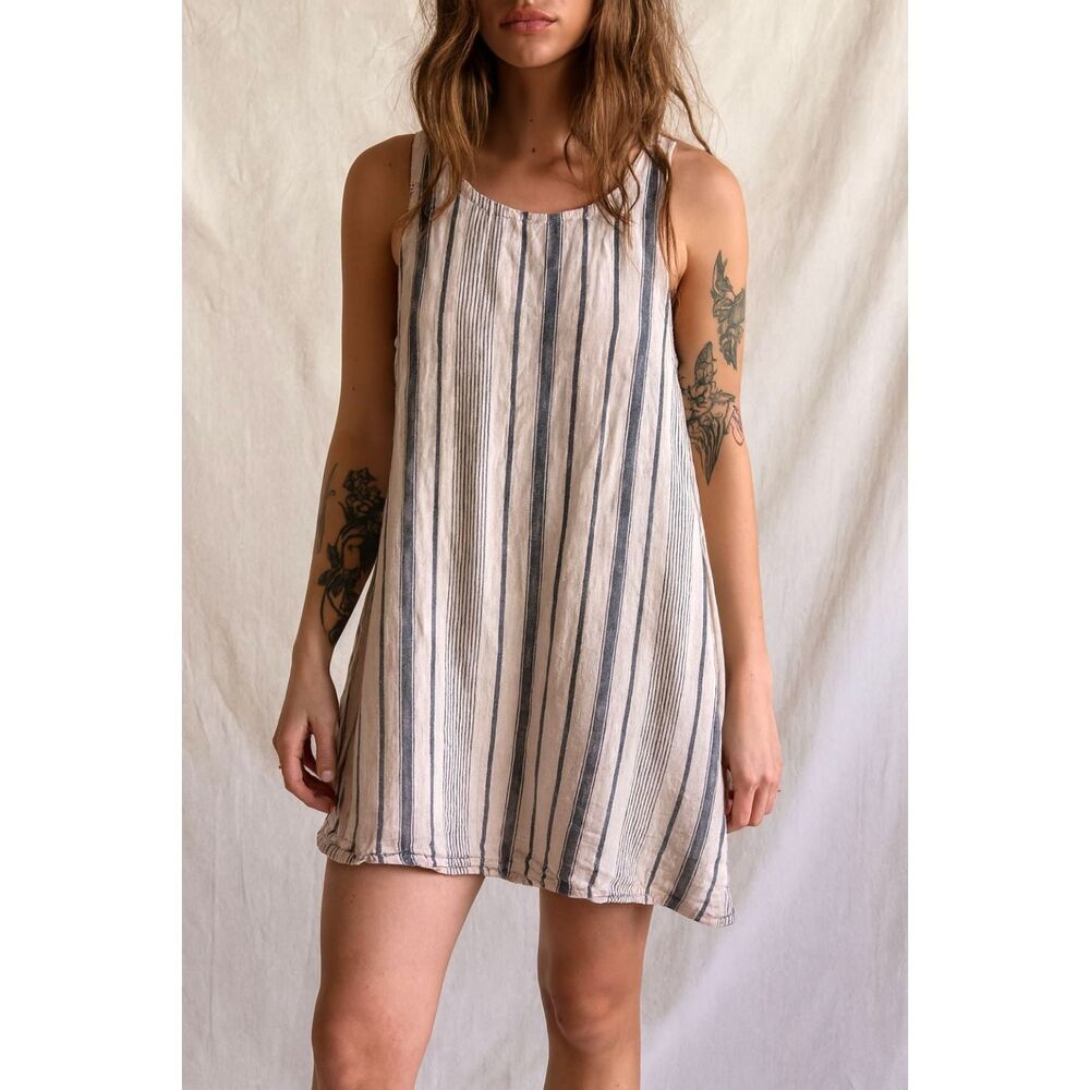 CP SHADES White Stripe Linen Sleeveless Pocket Mini Dress   Women's Size Medium